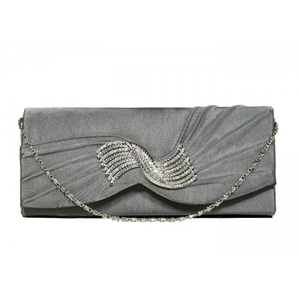 Evening Bag - 12 PCS - Pleated Satin w/ Rhinestone Charm Accent - Gray - BG-92199GY